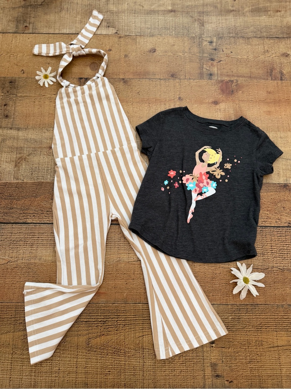 Jumpsuit + Graphic Tee BUNDLE Retro Striped Flared Jumpsuit + Ballerina Tee